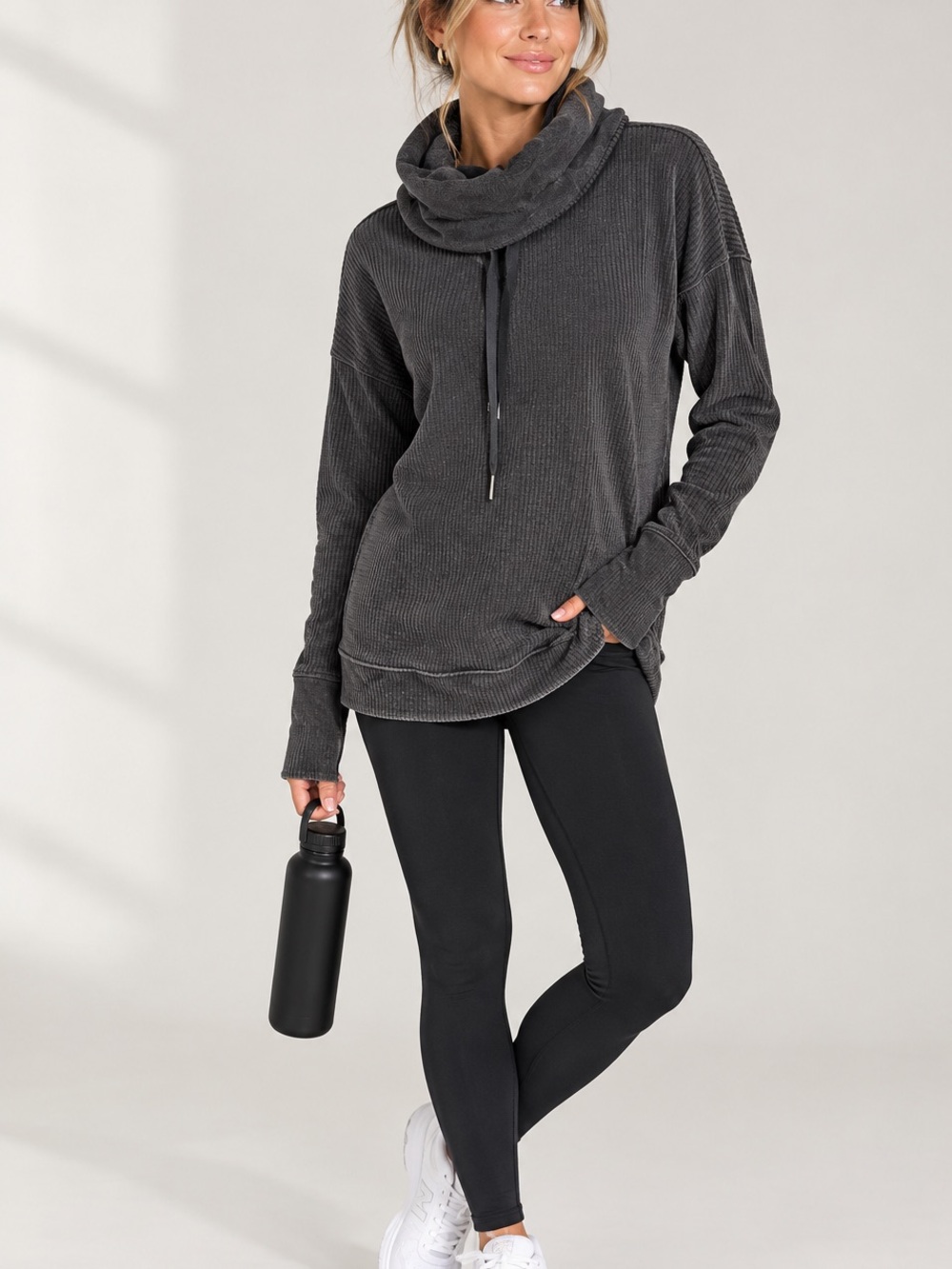 Mono B Dark Charcoal Ribbed Cowl Pullover